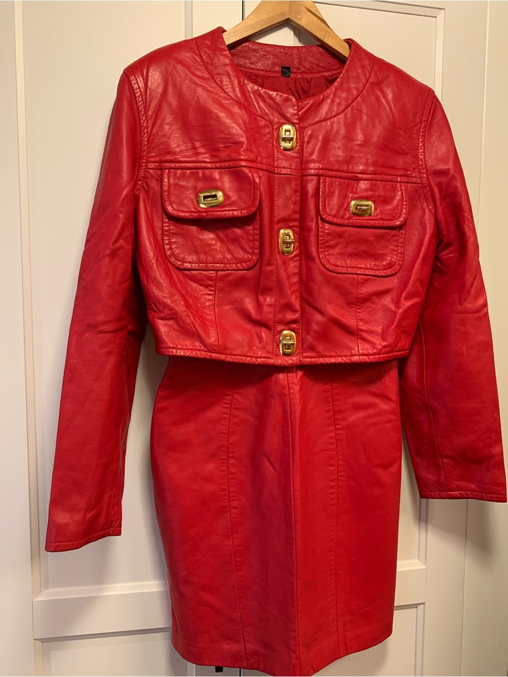 Michael Hoban North Beach Leather Red Mini Dress & cropped Jacket Set Vintage